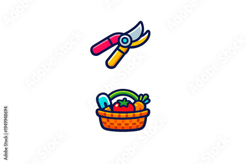 A set of colorful gardening icons featuring pruning shears and a