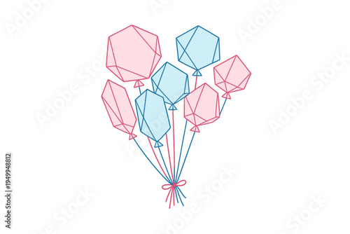 A cluster of geometric balloons in pink and blue colors, featuring a