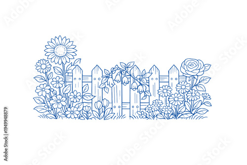 A blue line art illustration of a wooden picket fence surrounded by