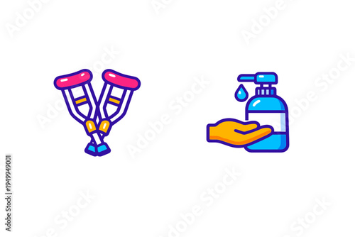 A set of two medical icons featuring a pair of crossed crutches and a
