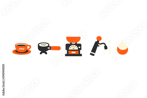 A set of five minimalist flat icons representing the coffee making