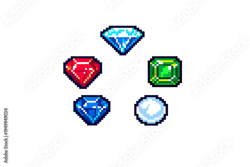 A collection of five pixel art gemstones including a diamond, ruby