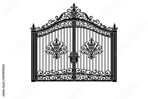 An intricate black silhouette of a decorative wrought iron gate