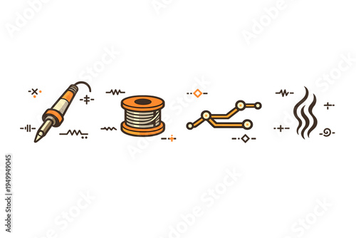 A set of flat vector icons representing the soldering process