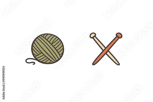This vector art depicts a ball of olive green yarn alongside a pair