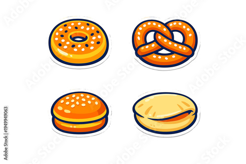 A collection of four vector bread and pastry icons including a seeded