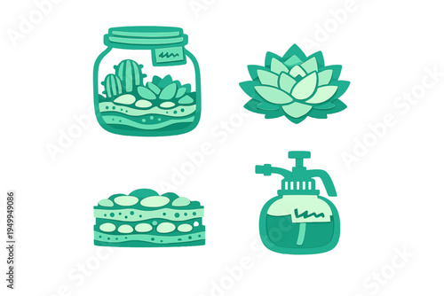 A collection of four stylized gardening icons featuring a succulent