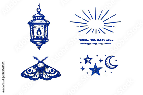 A collection of hand-drawn blue ink illustrations featuring a vintage