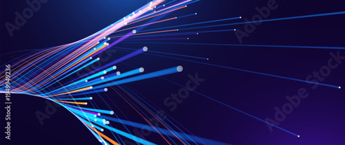 High-Speed Broadband Connection Illustrated by Fiber Optic Lines and AI Particles. Perfect for Tech Reports and Cyber Infrastructure Visualizations.