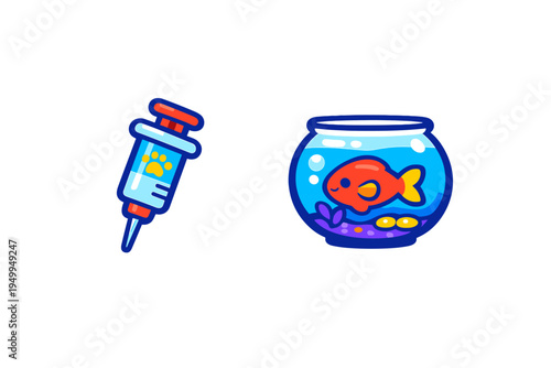 A set of two vector stickers featuring a blue veterinary syringe with