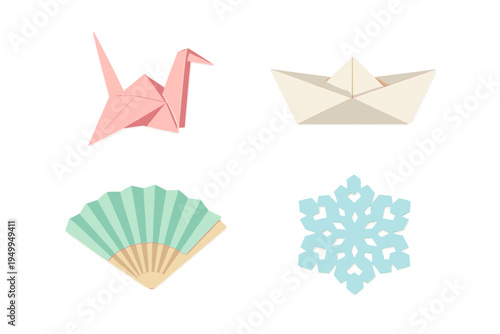 A collection of four paper craft icons including a pink origami