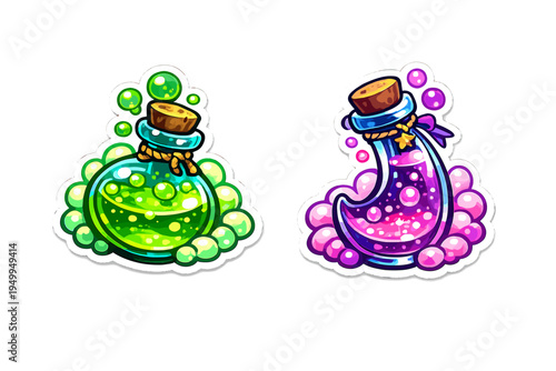 A set of two magical potion bottle stickers featuring a round green