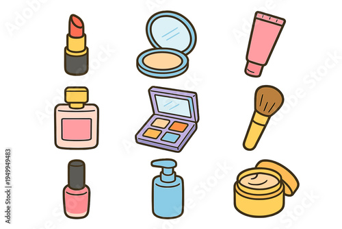 A collection of nine colorful cosmetic and beauty product icons in a