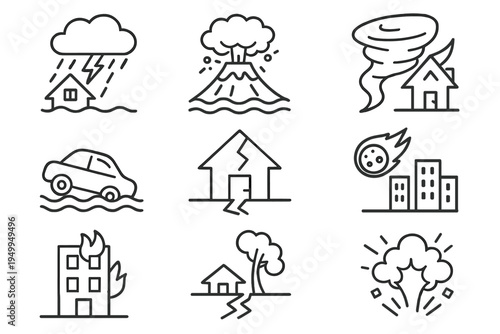 A collection of nine black and white line icons representing various