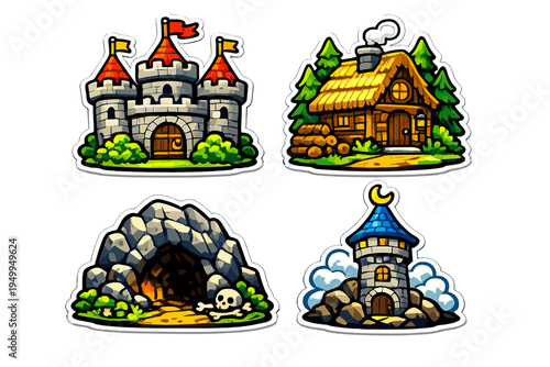 A collection of four fantasy location stickers featuring a medieval