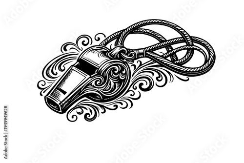 A black and white vector illustration of a sports whistle with a