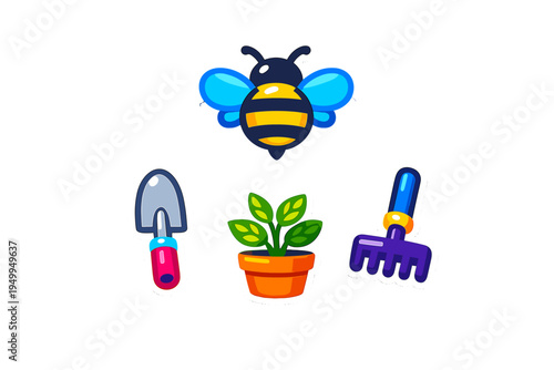 A collection of colorful gardening stickers featuring a cute