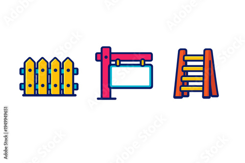 A set of three flat vector icons featuring a yellow wooden picket