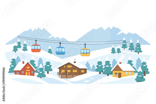 A flat vector illustration of a winter mountain resort featuring