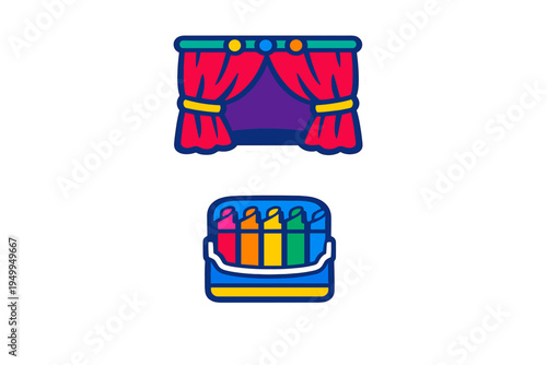 A set of two flat vector icons featuring a theater stage with red