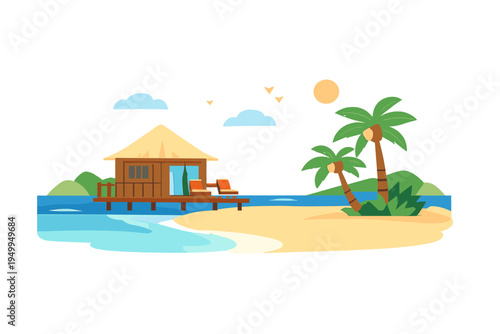 This flat vector illustration features a tropical beach scene with a