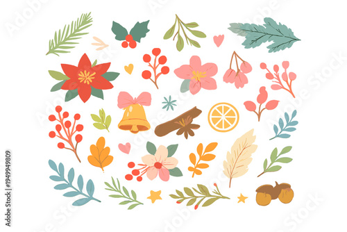 Hand-drawn winter holiday illustration set featuring poinsettia