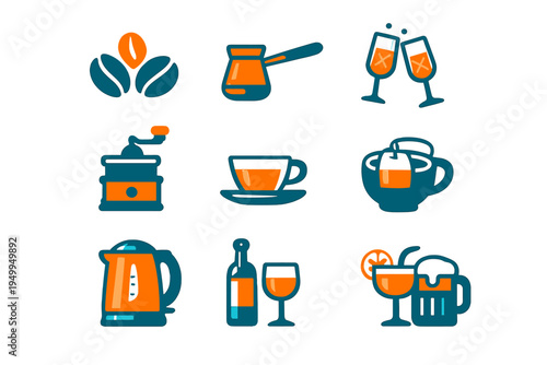 A collection of stylized beverage icons in a flat design style