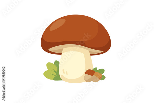 A vector illustration of a large porcini mushroom with a brown cap