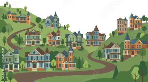 A serene landscape of colorful houses winding along a road on a green hillside with trees