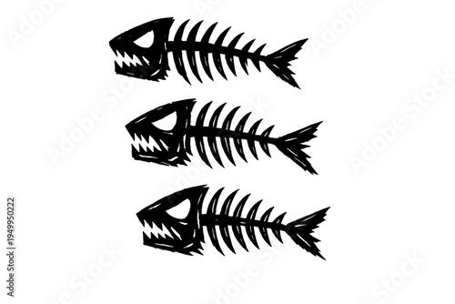 Three black hand-drawn fish skeleton icons with sharp teeth and