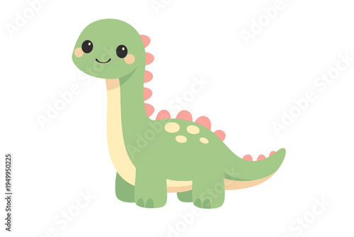 A cute green cartoon dinosaur with a long neck and pink spikes stands
