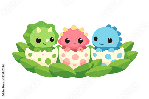 A cute vector illustration featuring three colorful baby dinosaurs