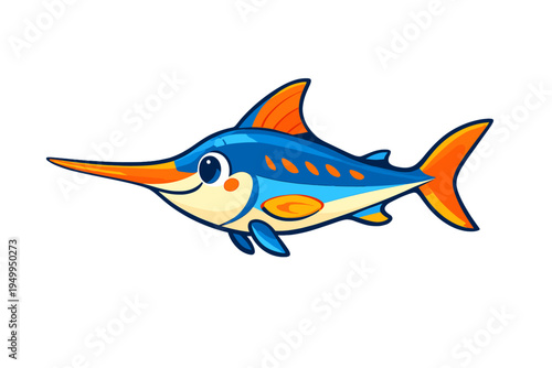 A cute cartoon swordfish illustration featuring a long orange bill