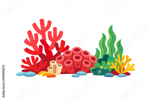 A colorful vector illustration of a coral reef featuring red