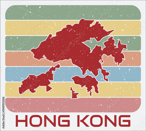 Hong Kong vintage logo. Shape of the country on retro colored stripes background. Hong Kong map design with grunge scratch texture. Vector illustration.
