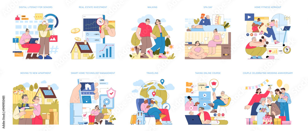 Fototapeta premium Seniors Learning Digital Skills Vector Illustration
