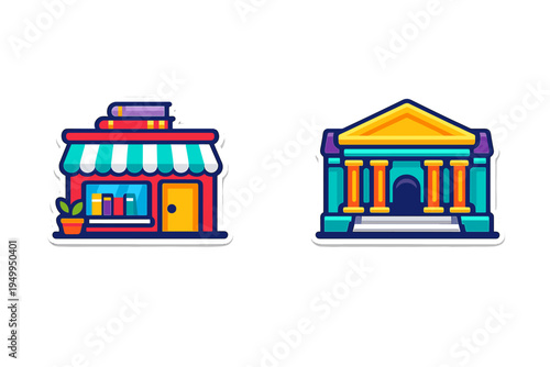 Vector illustration of two colorful architectural icons including a