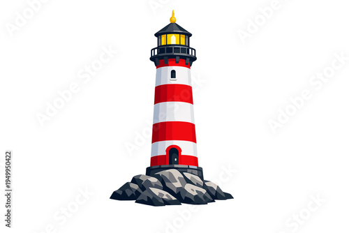 A stylized vector illustration of a red and white striped lighthouse