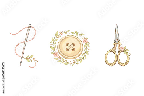 A set of vintage-style sewing icons featuring a needle with pink