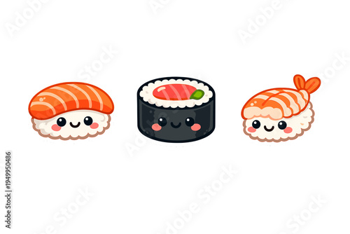 A collection of three adorable kawaii sushi characters featuring