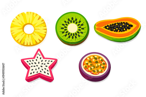 A set of five stylized tropical fruit slices including pineapple
