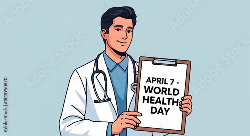 Smiling doctor in white coat holding clipboard with world health day sign on light blue background