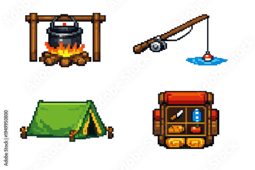 A collection of four pixel art icons featuring camping equipment