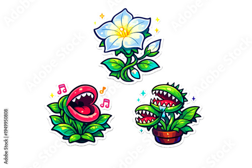 Set of three stylized plant stickers including a glowing white