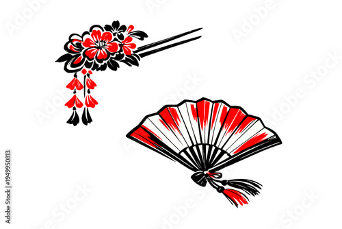 A set of Japanese cultural icons including a floral kanzashi hairpin