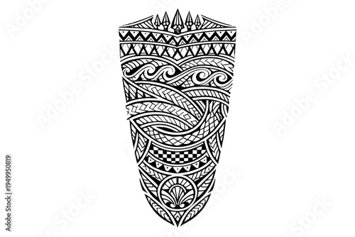 A black and white Polynesian tribal tattoo design featuring
