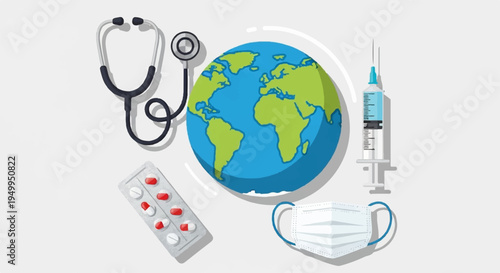 Global healthcare concept with stethoscope syringe mask pills and earth symbolizing medical protection and worldwide health initiatives