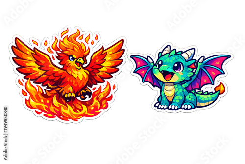 A set of two cartoon mythical creature stickers featuring a fiery red