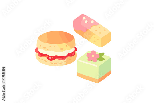 A collection of three stylized vector illustrations of sweet treats