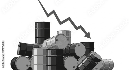 Oil Price Decline - Barrels and Downward Arrow Symbolize Market Downturn.